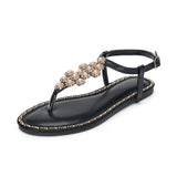 Xajzpa - Female Flats Shoes 2023 Summer Women's Sandals Fashion Sweet Pearl Decoration Outside Casual Beach Holiday Big Size  Sandalias