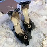 Xajzpa - Retro Court Style Cosplay Flower Wedding Girl Mysterious Elegant Tea Party Gem Pearl Bow Lace Silk Satin 9cm High Heeled Shoes