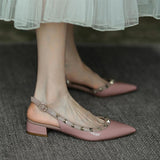 Xajzpa - New Summer Women Sandals Rivet Pointed Toe Chunky Heel Low Heel Flat Females Pumps Fashion High Quality Elegant Noble Lady Shoe