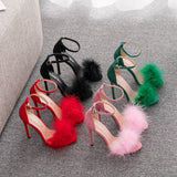 Xajzpa - Women Summer Sandals Fluffy Peep Toe Stilettos High Heels  Fur Feather Lady Wedding Shoes  Large Size 42