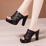 Xajzpa - Plus Size 32-43 Block Heel Platform Shoes Women Slippers Summer Open Head High Heels Slides Ladies Cutout Slippers