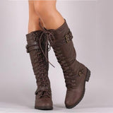 Xajzpa - Women Knee high Boots Autumn Winter Lace Up Flat Shoes Sexy Steampunk PU Retro Buckle women shoes Ladies Snow Boots