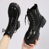 Xajzpa - Women's Autumn Black PU Leather Ankle Boots Chunky Platform Combat Boots for Women 2023 Fashion Non Slip Motorcycle Shoes Woman