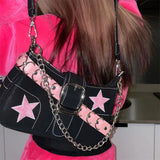 Xajzpa - Japanese Fashion Cool Dark Harajuku Style Denim Bag Pink Star Metal Chain Women's Bag Underarm Bag Tote Bag Purses Handbags