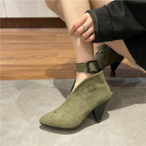 Xajzpa - Flock Buckle Zipper Type-V Autumn Winter Women Ankle Boots Fashion Pointed Toe Square High Heel Women Shoes botas mujer