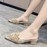 Xajzpa - Summer Slippers Women's Fashion Beaded Mules Shoes New Comfortable Medium Heel Thick Heel Pointed Sandals Zapatos De Mujer