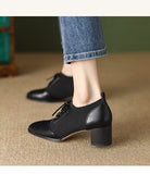 Xajzpa - 2023 new Spring women pumps natural leather Plus size 22-26cm cowhide+knitting+pigskin Vintage elegant thick heels women