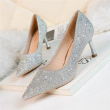 Xajzpa - 2023 Women 6.5cm 9.5cm High Heels Glitter Low Heels Evening Rhinestone Pumps Lady Wedding Bridal Bling Crystal Scarpins Shoes