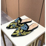 Xajzpa - Fashion 3d Embroidery Mules Women Fur Slippers Velvet Shoes Ladies Low Heel Flower Decoration Sandals Women's Flip Flops 41 Size