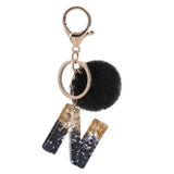 Xajzpa - Black Pompom Letter Keychain Glitter Gradient Resin A-Z Initials Alphabet Keyring Pendant Women Handbag Phone Decorative Gift