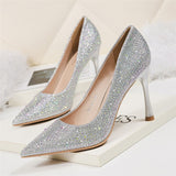 Xajzpa - 2023 Women 6.5cm 9.5cm High Heels Glitter Low Heels Evening Rhinestone Pumps Lady Wedding Bridal Bling Crystal Scarpins Shoes