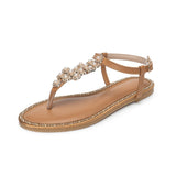 Xajzpa - Female Flats Shoes 2023 Summer Women's Sandals Fashion Sweet Pearl Decoration Outside Casual Beach Holiday Big Size  Sandalias