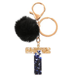 Xajzpa - Black Pompom Letter Keychain Glitter Gradient Resin A-Z Initials Alphabet Keyring Pendant Women Handbag Phone Decorative Gift