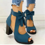 Xajzpa - Peep Toe Mesh Insert Bowknot Chunky Heeled Sandals