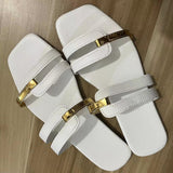 Xajzpa - Women Metallic Detail Slide Sandals 2023 Summer New Outdoor Slippers design Sandy Beach Open Toe Sandals Leisure Flat shoes