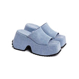 Xajzpa - Denim Thick Sole Summer Women Slippers Modern Flat With Height Increasing Leisure Casual Outside Platform Super High Heel Shoes