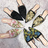 Xajzpa - Fashion 3d Embroidery Mules Women Fur Slippers Velvet Shoes Ladies Low Heel Flower Decoration Sandals Women's Flip Flops 41 Size