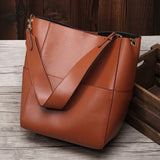 Xajzpa - Women Real Genuine Leather Tote Bag Black Bucket Handbags Female Luxury Famous Brands Ladies Shoulder Brown Bag