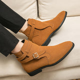 Xajzpa - Winter Boots for Men Handmade Ankle High Faux Suede Leather Dress Formal Boots Buckle Design Fashion Men Chelsea Boots