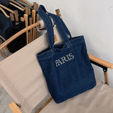 Xajzpa - Denim Tote Bag for Women 2023 Fashion Solid Color Shoulder Bags Girl Simple Large Capacity Embroidered Letters Designer Handbags