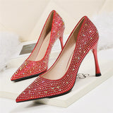 Xajzpa - 2023 Women 6.5cm 9.5cm High Heels Glitter Low Heels Evening Rhinestone Pumps Lady Wedding Bridal Bling Crystal Scarpins Shoes