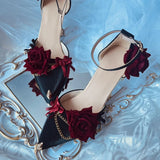 Xajzpa - Retro Elegant Cosplay Flower Wedding Loli Girl Gorgeous Red  Black Satin Rose Metal Fine Chain Pointed 8cm High Heeled Shoes