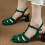 Xajzpa - New Arrival Open-Toed Roman Sandals For Women Summer Green Kid Suede Shoes Buckle Strap Handmade High Heel Lady Footwear