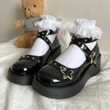 Xajzpa - Lolita Shoes Gothic Chunky Star Buckle Mary Jane Shoes Cute Platform Cross-Tied Wedges Loli Thick Heel Casual Shoes Cosplay