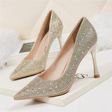 Xajzpa - 2023 Women 6.5cm 9.5cm High Heels Glitter Low Heels Evening Rhinestone Pumps Lady Wedding Bridal Bling Crystal Scarpins Shoes