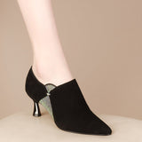 Xajzpa - 2023 New Flock Mid Heels Woman,Spring/Autumn Rhinestone Shoes,Fashion Women Pumps,Pointed Toe,Side Zip,Black