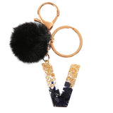 Xajzpa - Black Pompom Letter Keychain Glitter Gradient Resin A-Z Initials Alphabet Keyring Pendant Women Handbag Phone Decorative Gift