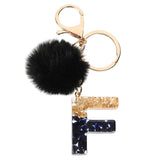 Xajzpa - Black Pompom Letter Keychain Glitter Gradient Resin A-Z Initials Alphabet Keyring Pendant Women Handbag Phone Decorative Gift