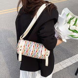Xajzpa - Canvas Bags Summer Fashion Designer Handbags for Women Girl Casual Rainbow Colors Striped Woven Barrel Shaped Shoulder Bags