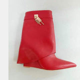 Xajzpa - New Fashion Trouser Leg Boot Crocodile Print Wedges High-Heel Knee Length Knight Boots Big Size Women's Shoes Black Red Pink