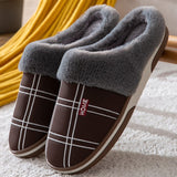 Xajzpa - Winter warm slippers men Suede Gingham Short plush Indoor shoes for male Non slip Cozy Velvet Waterproof Fur home men slippers