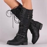 Xajzpa - Women Knee high Boots Autumn Winter Lace Up Flat Shoes Sexy Steampunk PU Retro Buckle women shoes Ladies Snow Boots