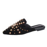 Xajzpa - Women Slippers Fashion String-bead Pointed Rhinestone Rivet Flat Women Shoes Slip-On Mules Loafer Sandals Slides Ladies Shoes