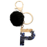 Xajzpa - Black Pompom Letter Keychain Glitter Gradient Resin A-Z Initials Alphabet Keyring Pendant Women Handbag Phone Decorative Gift