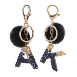 Xajzpa - Black Pompom Letter Keychain Glitter Gradient Resin A-Z Initials Alphabet Keyring Pendant Women Handbag Phone Decorative Gift