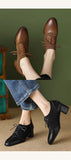 Xajzpa - 2023 new Spring women pumps natural leather Plus size 22-26cm cowhide+knitting+pigskin Vintage elegant thick heels women