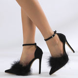 Xajzpa - New Design Womens Sandals Fashion Fuzzy Feather Summer Thin Heels Sexy Pointed Toe Nightclub Stripper Shoes chaussure femme