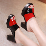 Xajzpa - Big Size 32-43 Block Square Heel Platform Slippers Women Office Shoes Summer Open Head High Heels Slides Ladies Slipper