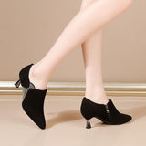 Xajzpa - 2023 New Flock Mid Heels Woman,Spring/Autumn Rhinestone Shoes,Fashion Women Pumps,Pointed Toe,Side Zip,Black