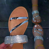 Xajzpa - Metallic Rhinestone Decor Slide Sandals