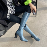 Xajzpa - Luxury Fashion Ladies White Blue Black Patent Leather In Square Toe Knee High Boots Woman Chunky Heels Slim Long Boots Shoes