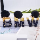 Xajzpa - Black Pompom Letter Keychain Glitter Gradient Resin A-Z Initials Alphabet Keyring Pendant Women Handbag Phone Decorative Gift