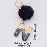 Xajzpa - Black Pompom Letter Keychain Glitter Gradient Resin A-Z Initials Alphabet Keyring Pendant Women Handbag Phone Decorative Gift