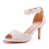 Xajzpa - White Lace Pearl Wedding Shoes Women Open Toe High Heels Luxury Sandals Banquet Dress Stiletto