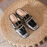 Xajzpa - Luxury Woman Mules Summer Close Toe Women Pearl Metal Chain Lazy Slides Flat Heel Girl Slippers Embroidery Outdoor Flip Flops