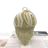 Xajzpa - Round Rhinestone Dinner Bag Diamond and Pearl Check Chain Fashion Clutch Party Bridal Banquet Bag Gold Glitter Shining Purse